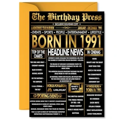 Image of Gold 34th Birthday Card for Men Women Black &amp; Golden Newspaper Born in 1991 Happy 34 Cards Neighbour Brother Daughter Wife Nephew Colleague, A5 Bday Greeting