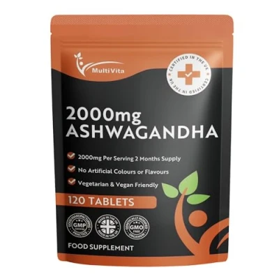 Image of Ashwagandha 2000mg 120 Vegan Tablets Pure High Strength Root Extract 2 Months Supply Supplement (not Capsules or Gummies) Non GMO and Made in The UK