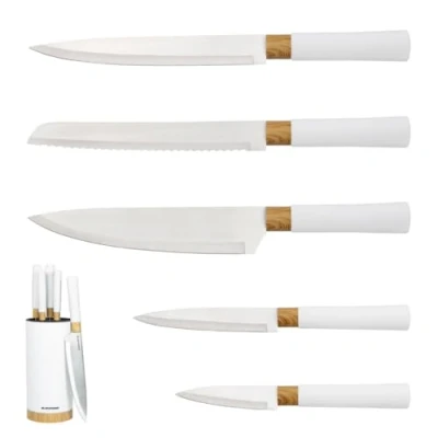 Image of Blackmoor Orb 5 Piece Knife Set with Storage Stand/Stainless Steel Knives Soft Grip Handles &amp; Brushed or Wood Detail/Easy Clean Essential Kitchen Accessory (White Effect)