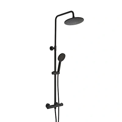 Image of Milano Nero Round Thermostatic Bar Mixer Valve Fixed Rainfall Shower Head Handset Black