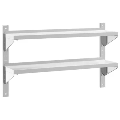 Image of vidaXL 2 Tier Wall Shelf/Floating Storage in Silver Stainless Steel 100x23.5x60 cm For Living Room, Bedroom, Bathroom, Kitchen, Garage &amp; Laundry Rooms