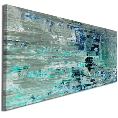 Image of Wallfillers Turquoise Teal Abstract Painting Wall Art Print Canvas 1333 Small 97x40cm
