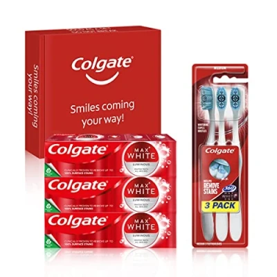 Image of Colgate Max White Luminous Teeth Whitening Toothpaste &amp; Toothbrush Bundle Kit, 3x75ml Multipack 3 Pack