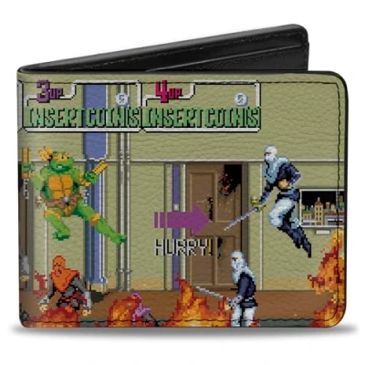 Image of Nickelodeon Wallet, Bifold, Teenage Mutant Ninja Turtles 8 Bit Video Battle Scene, Vegan Leather, Black, 4.0&quot; x 3.5&quot;, Casual