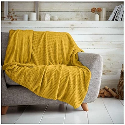 Image of Luxury Fleece Throw Blankets, Warm &amp; Cosy Waffle Throws For Sofas, Fluffy Blanket Bed, Ochre, 150X200 Cm