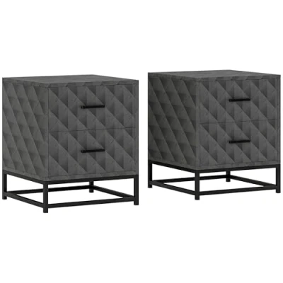 Image of HOMCOM Bedside Tables Set of 2, Modern Table Nightstand with 2 Drawers, Cabinet Sofa Side Storage, Steel Legs for Bedroom, Living Room, Grey