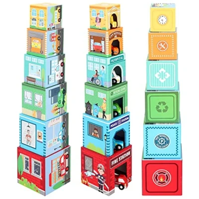 Image of SOKA 12pcs Stacking and Sorting Cubes Wooden Balancing Buildings &amp; Vehicles Fire Engine Police Car Ambulance Educational Blocks Toy Set Gift for Kids Children Boy Girl Ages 12 month old +