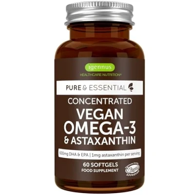 Image of Vegan DHA &amp; EPA Omega 3 Algae Oil Astaxanthin Antioxidant, 1344mg 3, Pure Sustainable, 60 Small Softgels, 400mg 200mg EPA, Clean Label, Easy to Swallow, 30 Servings, by Igennus