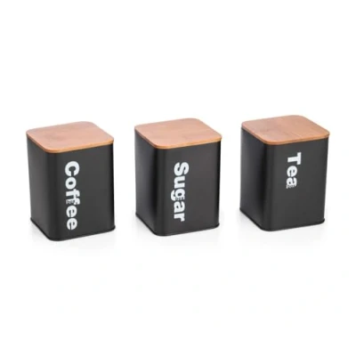 Image of Trendi 3pc Kitchen Storage Containers Set With Airtight Lids Includes of 3 Square Tea, Coffee, and Sugar Canisters Bamboo Lid Organiser (Black)