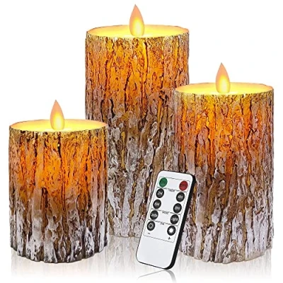 Image of Aongray LED Candles with Pine Bark Effect Flickering Battery Operated 4&quot; 5&quot; 6&quot; Set of 3, Real Wax Decorating Pillars,10 Key Remote Control 24 Hour Timer Function