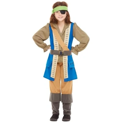Image of Horrible Histories Children&#039;s Pirate Captain Costume, Blue Coat &amp; Hat with Accessories, Official License Outfit, Perfect for Adventurous Themed Events, World Book Day, or Halloween