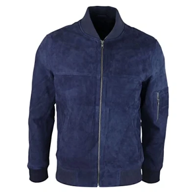 Image of TruClothing Mens Genuine Suede Bomber Jacket Leather Casual Varsity Vintage Smart Navy 5XL