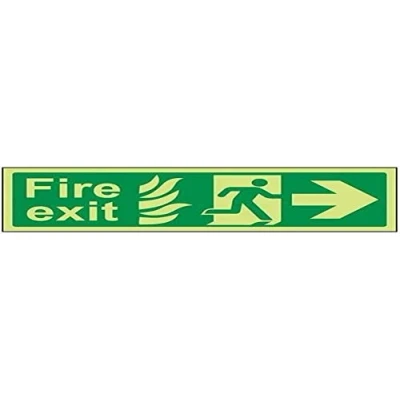 Image of V Safety Glow In The Dark NHS Fire Exit Arrow Right Sign 450mm x 150mm Self Adhesive Vinyl