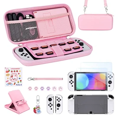Image of Younik Switch OLED Accessories Bundle, 17 in 1 Pink Kit Include Carrying Case with 9 Game Card Slots, Adjustable Stand, Protective for Console &amp; J Con