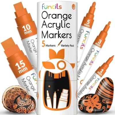 Image of 5 Orange Paint Pens Extra Fine Tip, Thin &amp; Jumbo (1mm, 3mm, 6mm, 10mm, 15mm) Acrylic Marker for Metal, Fabric Pen, Plastic, Canvas, Wood, Rock Painting Water based Ink