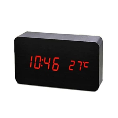 Image of ThreeH Desk Wooden Alarm Clock Digital Voice Control and 3 Set of Alarm,Large Display Time Temperature,Date,USB or Battery Powered for Home,Kids,Bedroom,Office AC11 Black_Red
