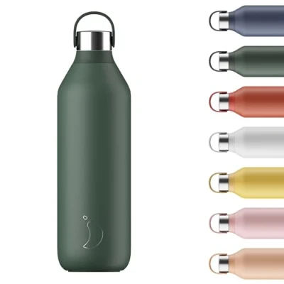 Image of Chilly&#039;s Series 2 Water Bottle Stainless Steel Thermal Bottles with Double Wall Vacuum, Soft Collar &amp; Carry Loop Pine Green, 1000ml