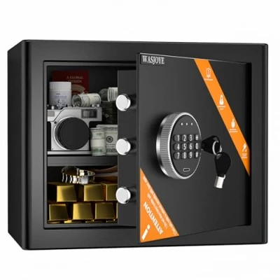 Image of WASJOYE Safe and Lock Box, Money Cash Deposit Safety Box with Digital Keypad Double Keys,Wall or Cabinet Anchoring Design for Home Office Hotel Business, 28.8L