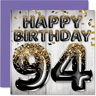 Image of 94th Birthday Card for Men Black &amp; Gold Glitter Balloons Happy Cards 94 Year Old Man Dad Great Grandad Grandpa Gran, 145mm x Ninety Four Fourth Greeting Gift