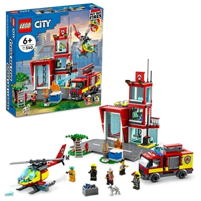 Image of LEGO City Fire Station Set 60320 with Garage, Helicopter &amp; Engine Toys Plus Firefighter Minifigures, Emergency Vehicles Playset, Gifts for Kids Age 6