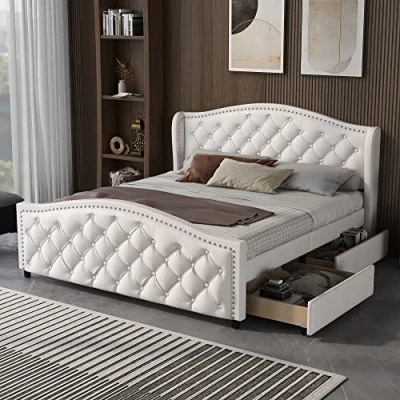 Image of ModernLuxe Double Bed Frame with Slatted and 2 Drawers, Headboard Pull Point Rivets, Upholstered for Adults &amp; Teenagers, Storage, Wood Faux Leather, White, 135x190cm