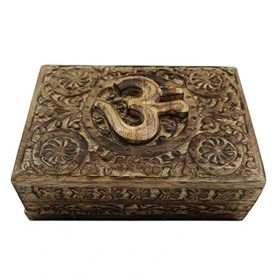 Image of Large Om Secret Lock Box Hand Carved Wood/Wooden Storage