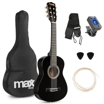 Image of Max SoloArt Junior 1/4 Classical acoustic guitar Kit Black Kids Starter Childrens Wooden Beginner