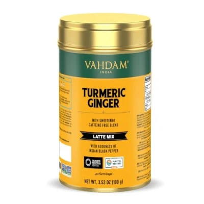 Image of VAHDAM, Turmeric Ginger Latte Mix (100g, 40 Cups) Caffeine Free Golden Milk Powder with Powerful Curcumin 100% Natural Ingredients Powder, Brew Hot/Iced or
