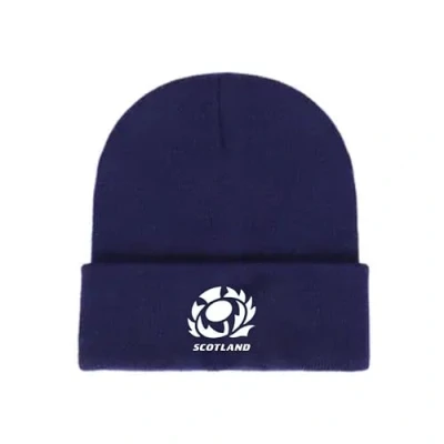 Image of Fidra Scotland Navy Blue Beanie Hat with Embroidered Thistle Logo, Winter Knit Cap