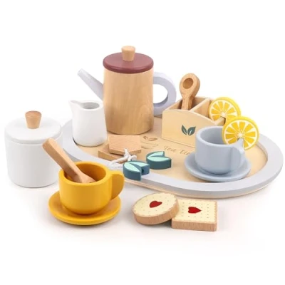 Image of Little Log Wooden Tea Set for Girls,Wooden Toy Kids Pretend Play Party Children&#039;s Kitchen Accessories with Food Girls Boys Toddlers 3 years and up