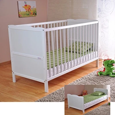 Image of Marsell Baby Cot Bed with Aloe Vera Foam Mattress Tooth Rails and Height Adjustable White Convertible to Junior