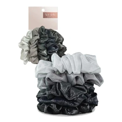 Image of Kitsch Scrunchies for Women&#039;s Hair Metallic Large Ties Women Tie Girls Cute Scrunchie Bands &amp; Ponytail Holders, 5pc (Metallic BlackGray)