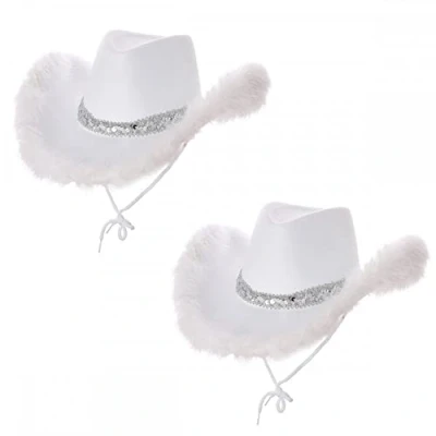 Image of Pack of 2 x Texan Cowgirl Hat White with Sequins &amp; Marabou Feather : Adult Wild West Rodeo Fancy Dress Accessory