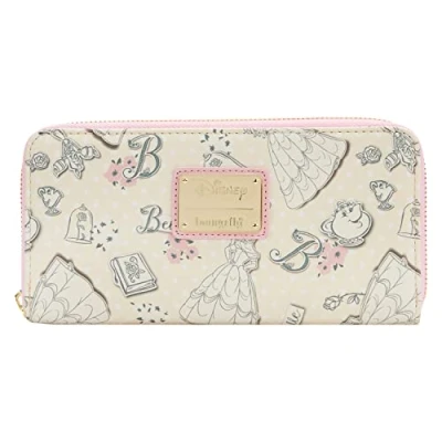 Image of Loungefly x Disney Beauty and The Beast Belle Pink Allover Print Zip Around Wallet
