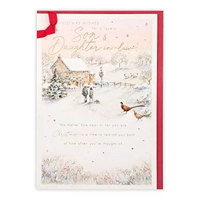 Image of Clintons: Son And Daughter in Law Couple Snowy House Scene Christmas Card, Multi Colour, 155 x 235, 1181386