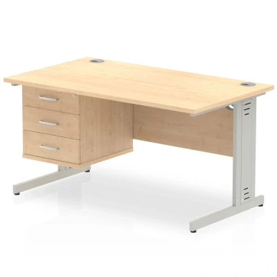 Image of Impulse 1400x800 Desk Maple Silver Cable Managed Leg + Fixed Pedestal
