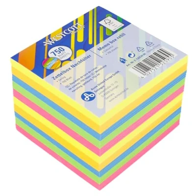Image of Westcott Note Block Coloured 750 Sheets Refill Pack memo with 9 x cm in 5 Colours Set for Dispenser Box FSC Certified Paper 75g/m² E 733229 00