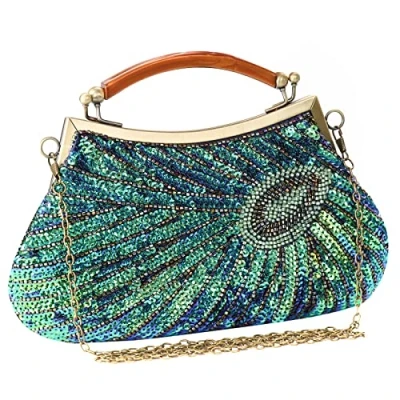 Image of GUOZI Women&#039;s Vintage Beaded Sequin Peacock Clutch Purse Handmade Crossbody Evening Bag Handbag For Wedding Party Prom