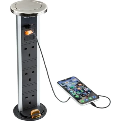 Image of KnightsBridge IP54 3G pop up socket with dual USB charger A+C (FASTCHARGE) Brushed chrome Cap