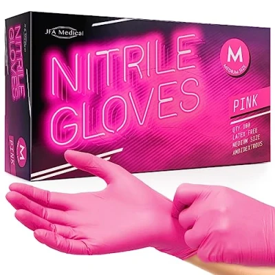 Image of JFA Medical Medium Size Disposable Powder Free Pink Nitrile Gloves Box of 100