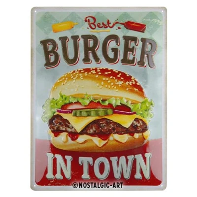 Image of Nostalgic Art Retro tin sign, 30 x 40 cm, Best Burger in Town Gift idea for diner fans, made of metal, vintage design
