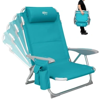 Image of #WEJOY 4 Position Adjustable Beach Chair for Adults, Folding Low Lightweight &amp; Portable, High Back Pillow Pocket Outdoor Garden Reclining Camping Chair, Cyan