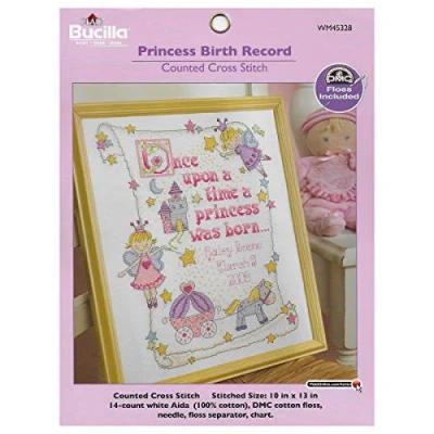 Image of Bucilla 10 x 13 inch Princess Birth Record 14 Count Counted Cross Stitch Kit