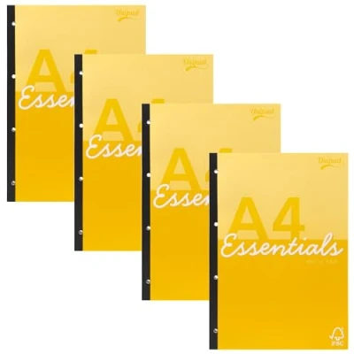 Image of Pukka Pad Essentials A4 Refill Pack of 4 Tape Side Bound Notepads for Easy Tear Out with 300 Pages, 150 Sheets 60GSM Lined FSC Paper Margins Yellow