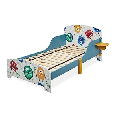 Image of Relaxdays Children Bed Frame, Child Cot, HBT 60 x 94 143 cm, with Storage, Fall Out Protection, Monster Motif, MDF