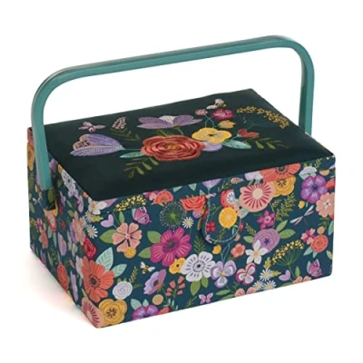 Image of Hobby Gift Exclusive Medium Sewing Craft Storage Box, Accessories Tray Pin Cushion Pocket PVC Handle Embroidered Lid 18.5 x 25.5 14.5cm, Floral Garden