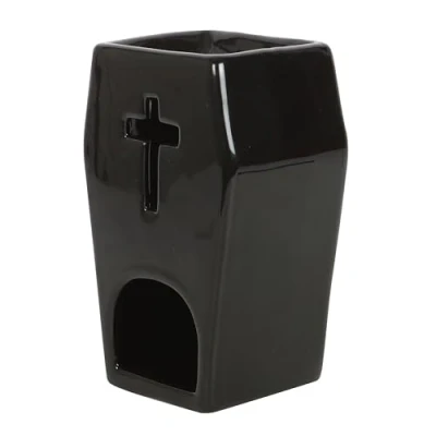 Image of Gothic Coffin Oil Burner with Unique Cross Design Unconventional Decor Piece and Ambient Tealight Holder Statement Home