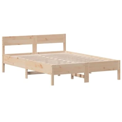 Image of vidaXL Solid Pine Wood Bedstead Base with Headboard Modern 120x200 cm Wooden Double Bed Frame, Brown Plywood Slats for Bedroom