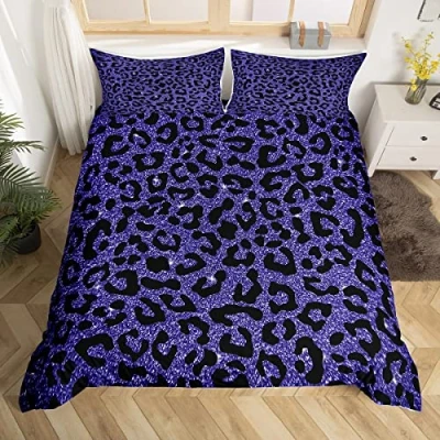 Image of Homemissing Leopard Print Duvet Cover Set Glitter Cheetah Bedding for Kids Boys Girls Wild Animal Decor Comforter Microfiber Geometric Bedspread Purple Bedclothes Single