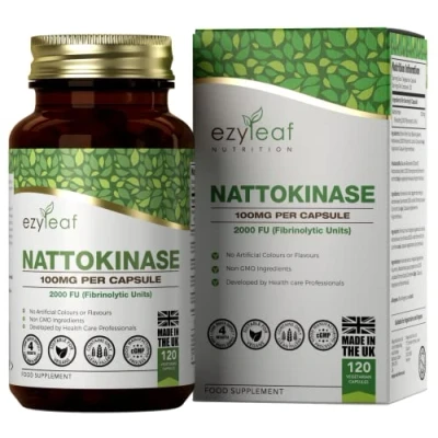 Image of Ezyleaf Nattokinase 100mg 2000 FU 120 Vegan Capsules Protein Enzyme from Japanese Natto No Artificial Ingredients ISO Certified, Vegan, Dairy &amp; Gluten Free, Non GMO Manufactured in The UK